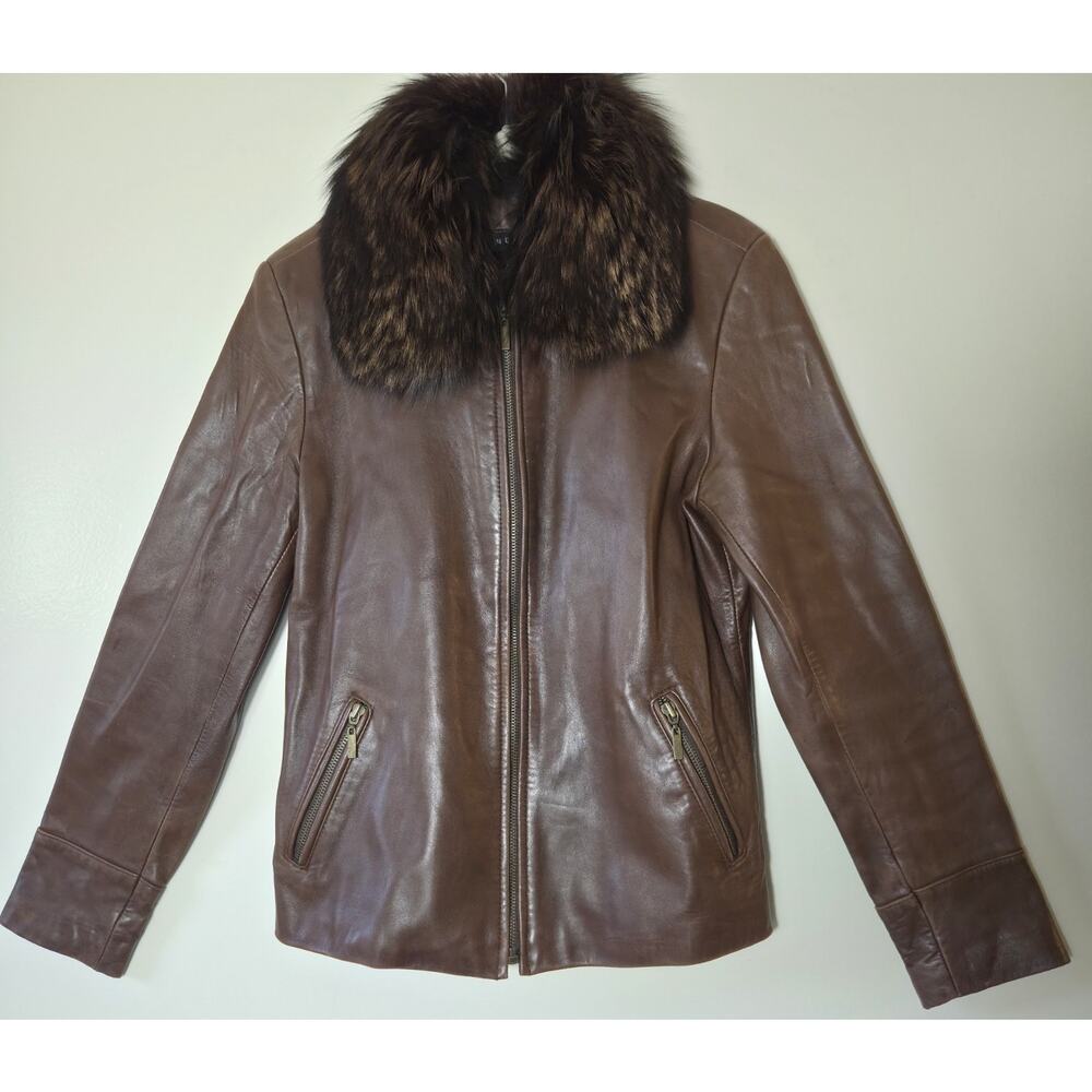 Marvin Richards Womens Leather Jacket Fox Fur Collar Full Zip Mid-Length Size S